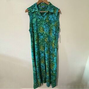 Blue Ginger Floral Maxi Shirt Dress Blue Green Sleeveless Side Slit Hawaii NWT-L
